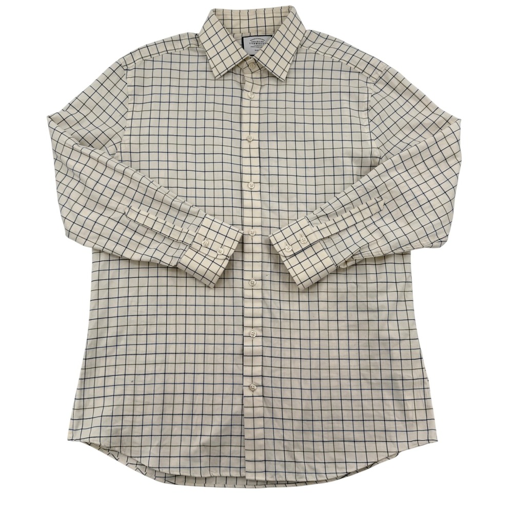 Charles Tyrwhitt Slim Fit Dress Shirt Mens 17/34 Cream Blue Windowpane Check